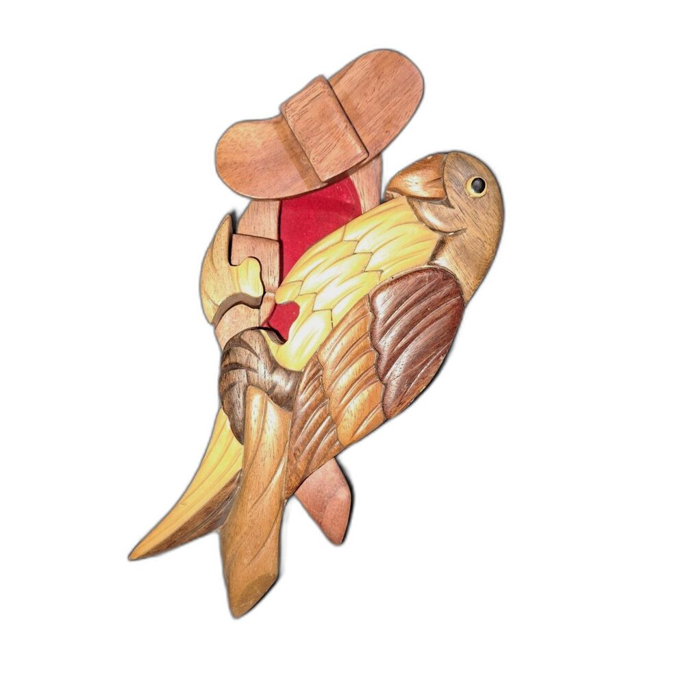 Vintage Hand-Crafted Wooden Parrot Hidden Jewelry Box Puzzle
